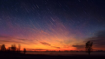 Stunning night sky is filled with a meteor shower and vibrant star trails over a silhouette landscape with a sunset gradient at the horizon.