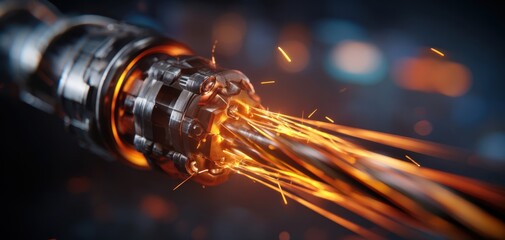 The cable releasing molten sparks and glowing fibers in a hightech industrial closeup