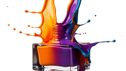 Vibrant Multicolored Paint Splashes Exploding from Clear Glass Container isolated on a transparent background