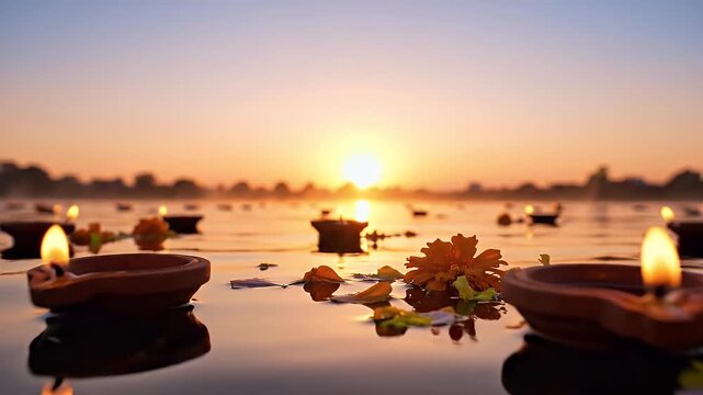 Cheti Chand soft sunrise gradient with glowing water ripples and calm spiritual mood