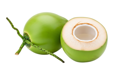 Whole and halved young green coconut with husk and water visible inside isolated on a transparent background