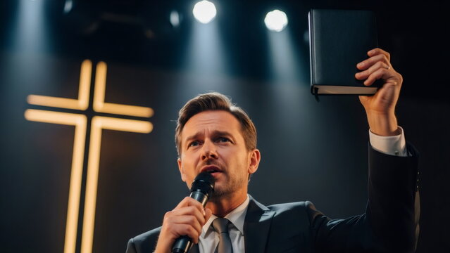 Man preacher delivering sermon on stage with bible raised high. Religious ministry and worship service for Christian faith and spirituality. Baptist and Pentecostal services. Song to Jesus.