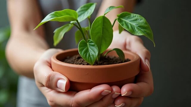 Person holding small green plant in terracotta pot