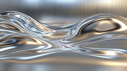 A polished chrome abstract form with highly reflective liquid metal surfaces and undulating waves of light