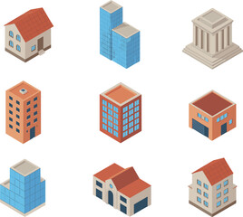 Isometric building icon set featuring houses, apartments, skyscrapers, and public buildings, modern 3D architecture collection for maps and city design