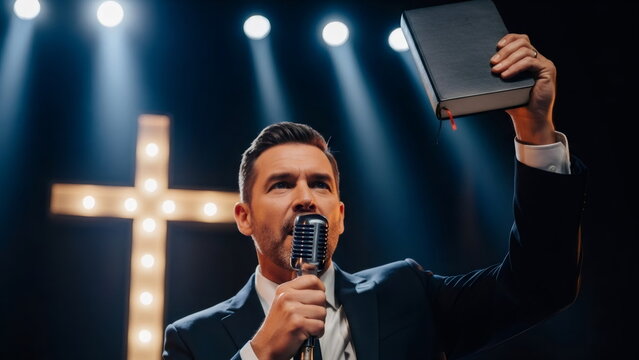 Man preacher delivering sermon on stage with bible raised high. Religious ministry and worship service for Christian faith and spirituality. Baptist and Pentecostal services. Song to Jesus.