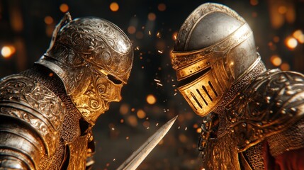 Two armored medieval knights face off in an intense duel, sparks flying as their swords clash in dramatic battle.