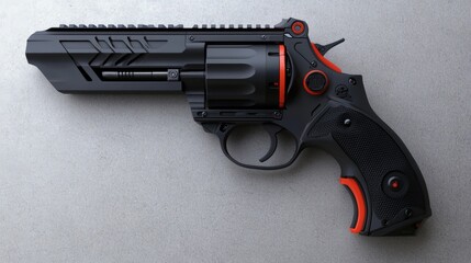 A futuristic black and red revolver-style handgun displayed on a gray textured surface.