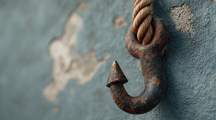 Close up of a rusty metal hook attached to a textured wall