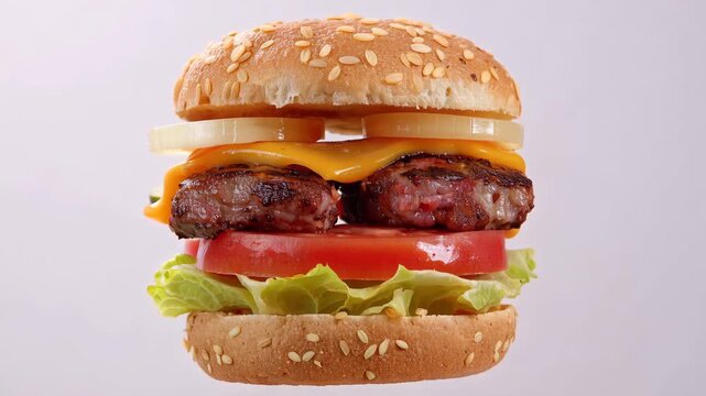 Exploded view double beef burger with sesame bun cheese tomato lettuce and onion isolated on neutral background