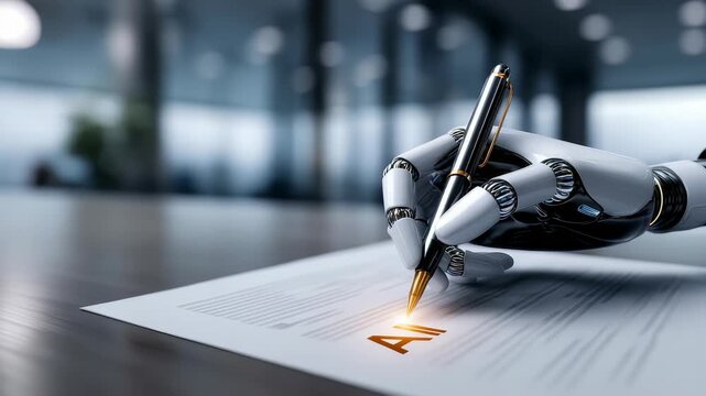 A close up of a robotic hand holding a pen and writing on paper symbolizes the integration of AI in business processes. The scene highlights cutting edge technology and digital transformation