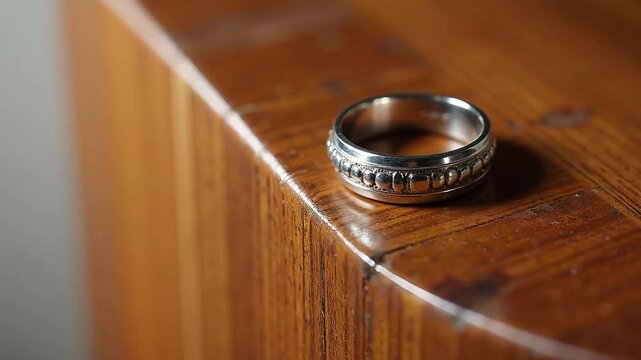 Elegant silver ring with decorative details on wooden surface