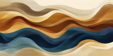 An abstract layered illustration with flowing, textured waves in varying shades of brown and blue