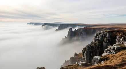 A breathtaking landscape depicts a dramatic coastal scene with high cliffs and fog blanketing the valleys below a cloudy sky