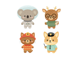 Naklejka premium Cute Kawaii Animal Professions Set: Astronaut Koala, Teacher Deer, Firefighter Cat, and Police Corgi Dog Vector Illustration