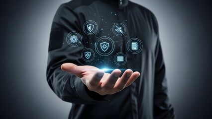 Person holding glowing digital icons representing cybersecurity and data protection in a dark setting.