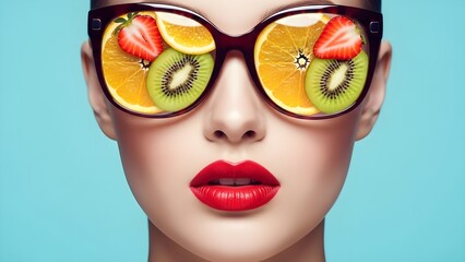Woman with Red Lipstick and Fruit Reflection in Sunglasses
