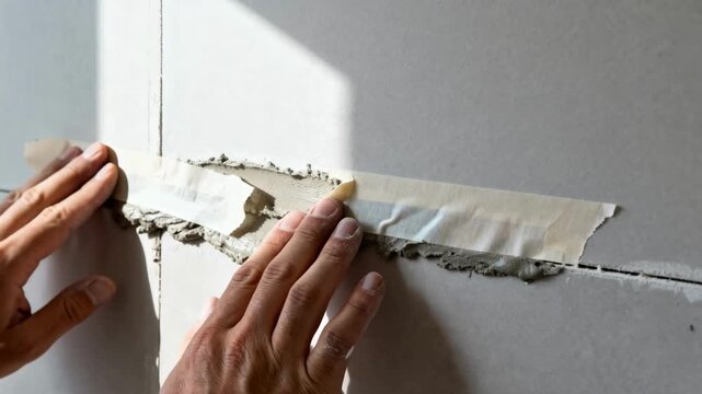 Medium shot showing paper tape being carefully embedded into wet drywall mud to prevent cracks and create strong seams.