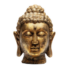 Obraz premium Golden Buddha head statue with detailed sculpted texture and serene expression isolated on transparent background. 