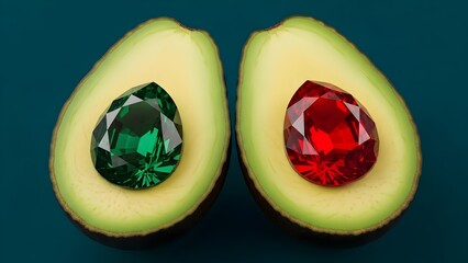 Two Halved Avocados with Green and Red Gemstones on Dark Teal Background