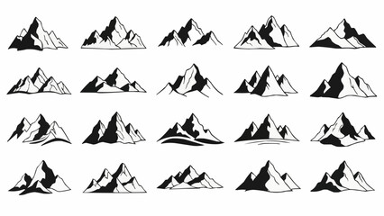 Collection of Hand Drawn Mountain Peaks in Black and White Style.