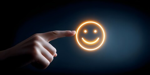 Business service concept, Hand touch smile emoticon for best rating with smiley, corporate, digital technology, feedback and survey