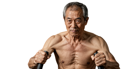 Senior Asian man exercising with handles