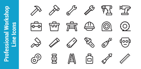 Handyman and workshop line icons set containing essential tools for home renovation and professional construction work