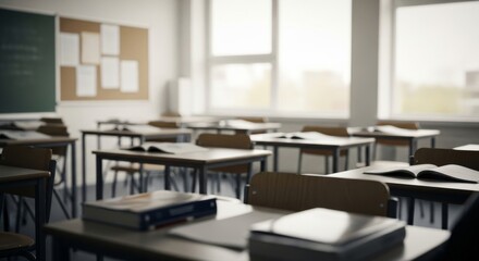 Fototapeta premium Empty modern classroom desks with open books and papers