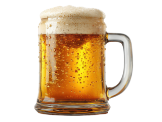 Beer mug filled with golden lager topped with thick foam and realistic glass reflections isolated on transparent background.
