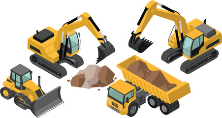 Isometric illustration of construction machinery including excavators, bulldozer, dump truck and rocks, heavy equipment working on construction and mining site © MSAYASHA