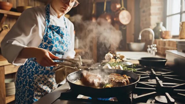 Chef in blue apron skillfully sears meat in a cast iron skillet on a gas stove, showcasing the cooking process with visible flames and steam rising from the pan