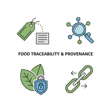 Food Traceability and Provenance Icons Representing Supply Chain Security.