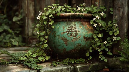Ancient green urn overgrown with lush greenery and delicate white flowers