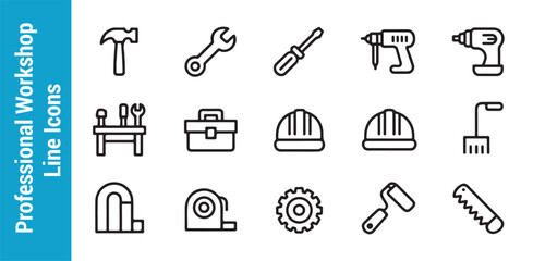 Fototapeta premium Professional workshop line icons set showcasing essential tools for various repair and construction tasks