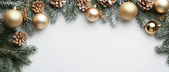 Winter decorations with golden baubles and pine cones on snowy branches create a festive atmosphere, perfectly complementing the New Year's background for cards or gift advertisements.