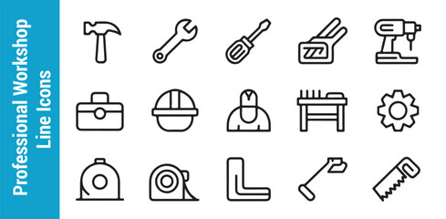 Professional workshop line icons set depicting various tools and safety gear for hands-on projects