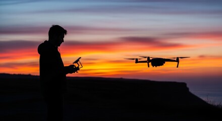 Silhouette of a young man in casual clothing operating a drone with a remote control at sunset on a cliff