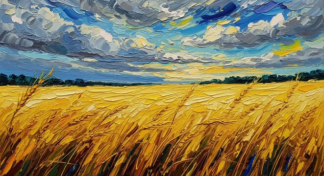 Vibrant oil painting of a golden wheat field under a dramatic cloudy sky, capturing nature's beauty