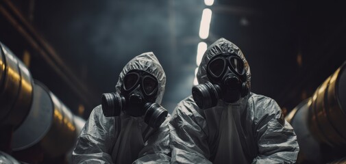 The Hazmat Workers in Protective Suits and Gas Masks in Industrial Tunnel