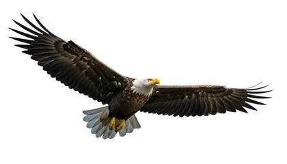 Fototapeta premium Majestic bald eagle soaring through the vast skies, wings outstretched in a powerful display of freedom and grace, embodying strength and the spirit of the wild