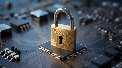 Digital Security Padlock on Microchip for Data Protection, data security concept