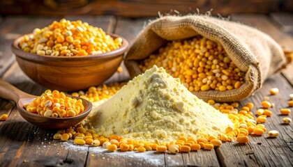 Corn flour displayed with corn kernels and cobs, representing grain processing and food ingredients.