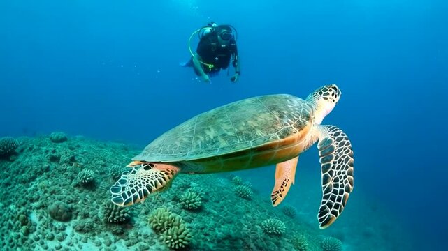 Scuba diver encounters sea turtle on vibrant coral reef underwater