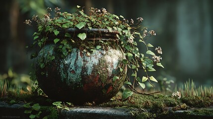Overgrown ancient urn in a lush forest setting