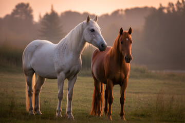Obraz premium Two Horses in a Misty Meadow at Golden Hour, freedom concept