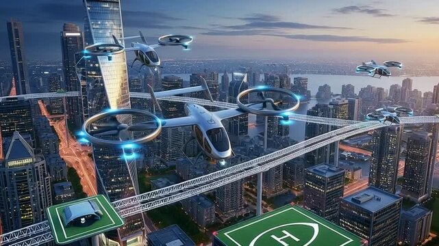 Futuristic electric drones flying over modern cityscape with skyscrapers