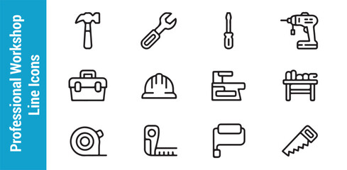 Professional workshop line icons set collection of tools and equipment for construction and repair flat vector