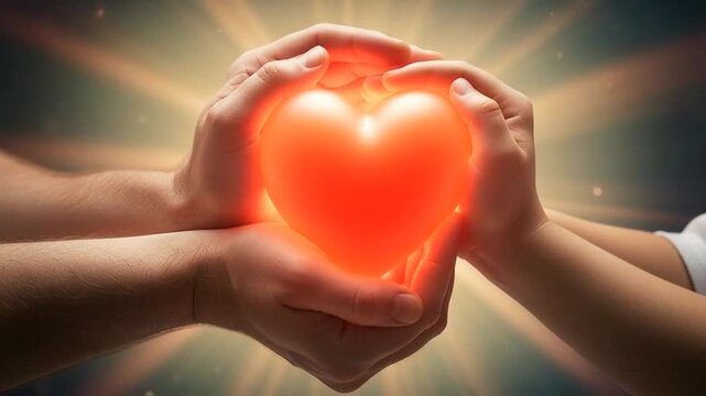 Tender hands cradling glowing red heart with love and care