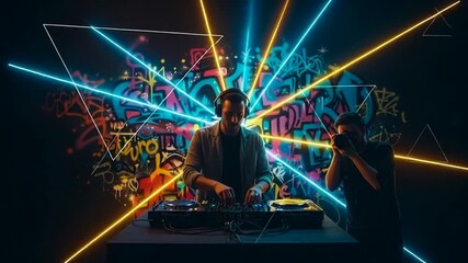 DJ performing at vibrant graffiti event with photographer capturing moment